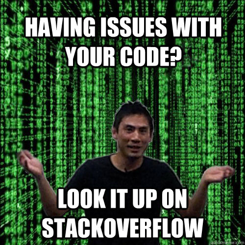 Having issues with your code? Look it up on StackOverflow - Having issues with your code? Look it up on StackOverflow  Lam MEME