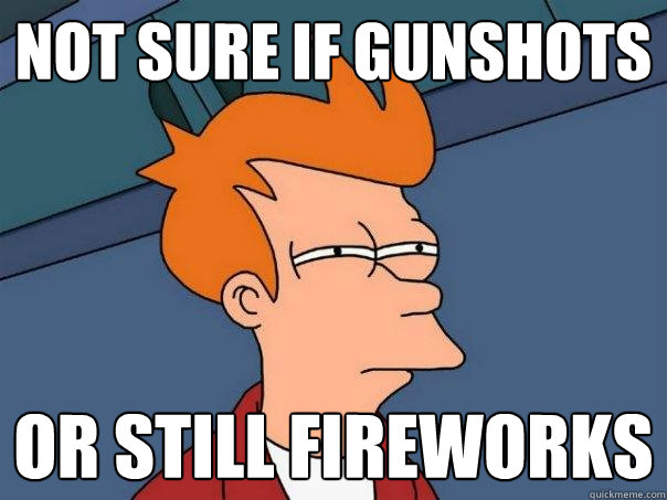 Not sure if gunshots or still fireworks  Futurama Fry