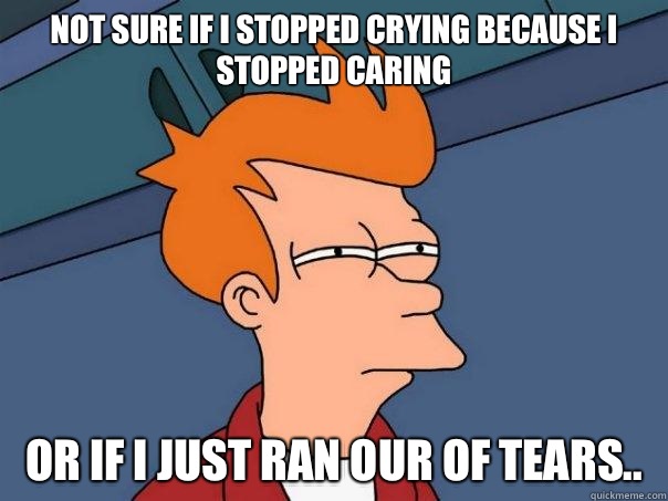 Not sure if I stopped crying because I stopped caring 
 or if I just ran our of tears..  Futurama Fry
