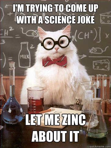 i'm trying to come up with a science joke

 let me zinc
about it  Science Cat
