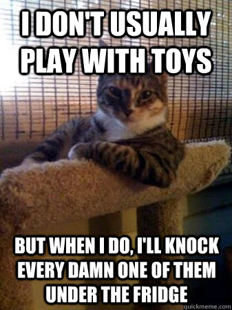 I don't usually play with toys but when I do, I'll knock every damn one of them under the fridge  The Most Interesting Cat in the World