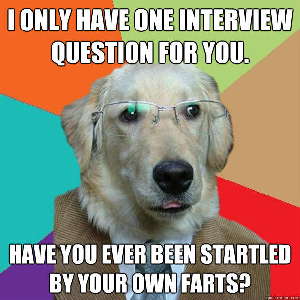 I only have one interview question for you.  Have you ever been startled by your own farts? - I only have one interview question for you.  Have you ever been startled by your own farts?  Business Dog