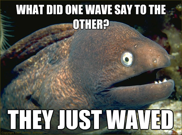 What did one wave say to the other? They just waved  Bad Joke Eel