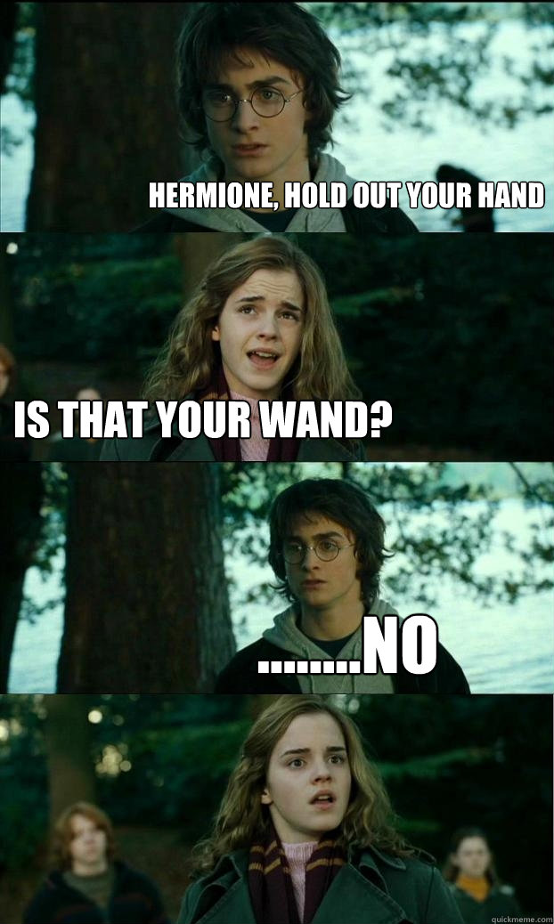 Hermione, hold out your hand Is that your wand? ........no  Horny Harry