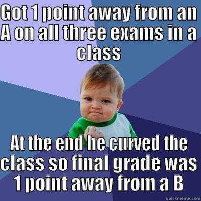 GOT 1 POINT AWAY FROM AN A ON ALL THREE EXAMS IN A CLASS AT THE END HE CURVED THE CLASS SO FINAL GRADE WAS 1 POINT AWAY FROM A B Success Kid