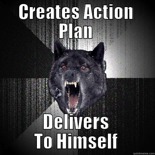 CREATES ACTION PLAN DELIVERS TO HIMSELF Insanity Wolf
