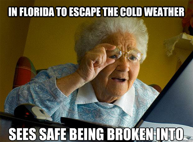 IN FLORIDA TO ESCAPE THE COLD WEATHER SEES SAFE BEING BROKEN INTO   - IN FLORIDA TO ESCAPE THE COLD WEATHER SEES SAFE BEING BROKEN INTO    Grandma finds the Internet