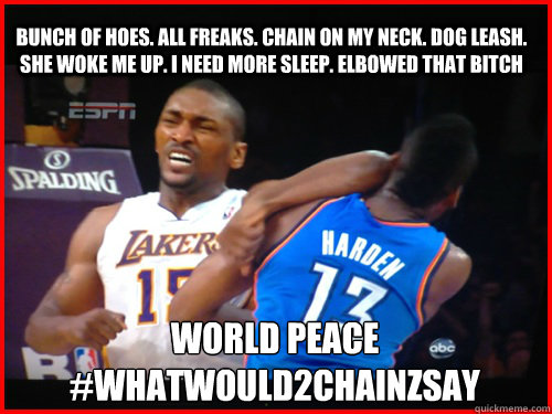 Bunch of hoes. All Freaks. Chain on my neck. Dog leash. She woke me up. I need more sleep. Elbowed that bitch World peace
#Whatwould2chainzsay  Metta World Peace