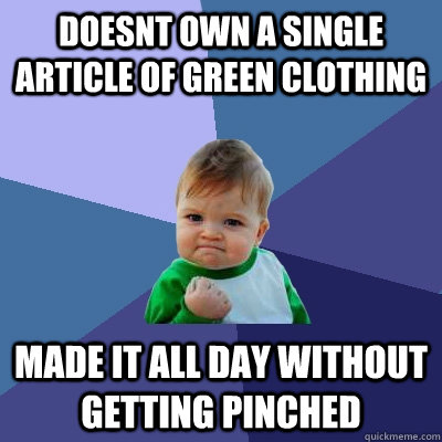 Doesnt own a single article of green clothing made it all day without getting pinched  Success Kid