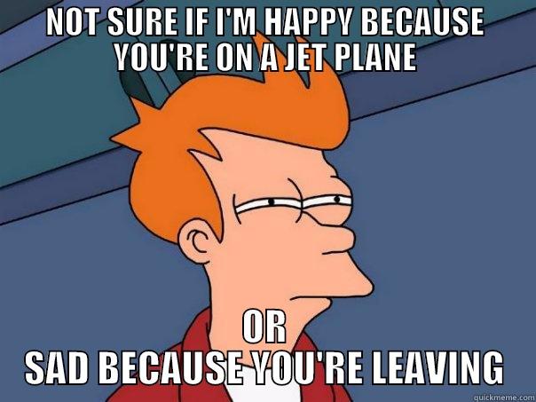 NOT SURE IF I'M HAPPY BECAUSE YOU'RE ON A JET PLANE OR SAD BECAUSE YOU'RE LEAVING Futurama Fry