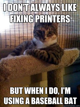 I don't always like fixing printers but when I do, I'm using a baseball bat  The Most Interesting Cat in the World