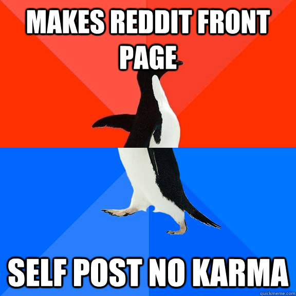 makes reddit front page self post no karma  Socially Awesome Awkward Penguin