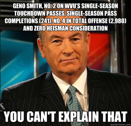 Geno Smith, No. 2 on WVU’s single-season touchdown passes, single-season pass completions (241), No. 4 in total offense (2,980) and zero Heisman consideration You can't explain that - Geno Smith, No. 2 on WVU’s single-season touchdown passes, single-season pass completions (241), No. 4 in total offense (2,980) and zero Heisman consideration You can't explain that  You cant explain that