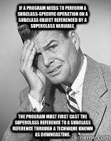 If a program needs to perform a subclass-specific operation on a subclass object referenced by a superclass variable,  the program must first cast the superclass reference to a subclass reference through a technique known as downcasting. - If a program needs to perform a subclass-specific operation on a subclass object referenced by a superclass variable,  the program must first cast the superclass reference to a subclass reference through a technique known as downcasting.  Exasperated Fellow