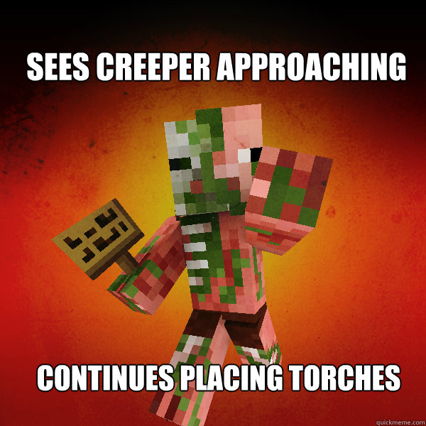 Sees creeper approaching Continues placing torches - Sees creeper approaching Continues placing torches  Zombie Pigman Zisteau