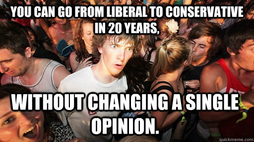 You can go from Liberal to Conservative in 20 years, Without changing a single opinion. - You can go from Liberal to Conservative in 20 years, Without changing a single opinion.  Sudden Clarity Clarence