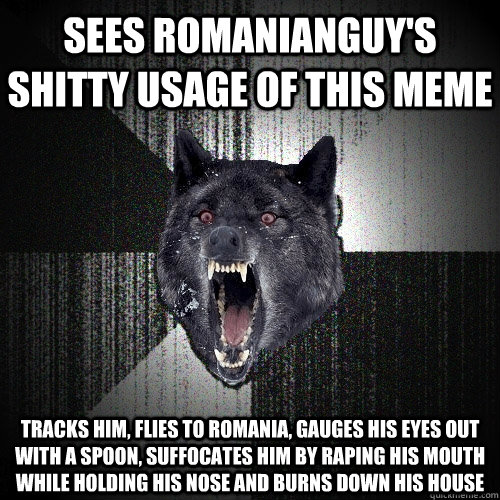 Sees romanianguy's shitty usage of this meme tracks him, flies to romania, gauges his eyes out with a spoon, suffocates him by raping his mouth while holding his nose and burns down his house - Sees romanianguy's shitty usage of this meme tracks him, flies to romania, gauges his eyes out with a spoon, suffocates him by raping his mouth while holding his nose and burns down his house  Insanity Wolf