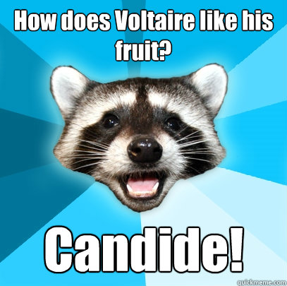 How does Voltaire like his fruit? Candide!  Lame Pun Coon