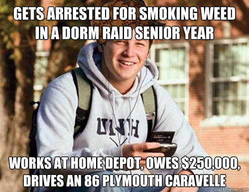 Gets arrested for smoking weed in a dorm raid senior year  Works at Home Depot, owes $250,000, drives an 86 plymouth Caravelle  College Freshman