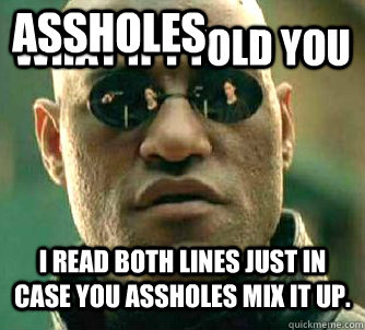 What if I told you I read both lines just in case you assholes mix it up.  Assholes  What if I told you