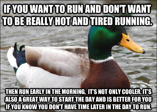 If you want to run and don't want to be really hot and tired running. Then run early in the morning,  it's not only cooler, it's also a great way to start the day and is better for you if you know you don't have time later in the day to run. - If you want to run and don't want to be really hot and tired running. Then run early in the morning,  it's not only cooler, it's also a great way to start the day and is better for you if you know you don't have time later in the day to run.  Actual Advice Mallard