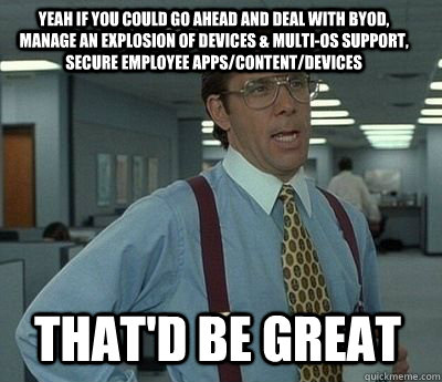 Yeah if you could go ahead and deal with BYOD, manage an Explosion of devices & Multi-OS support, Secure employee Apps/Content/Devices  That'd be great - Yeah if you could go ahead and deal with BYOD, manage an Explosion of devices & Multi-OS support, Secure employee Apps/Content/Devices  That'd be great  Misc