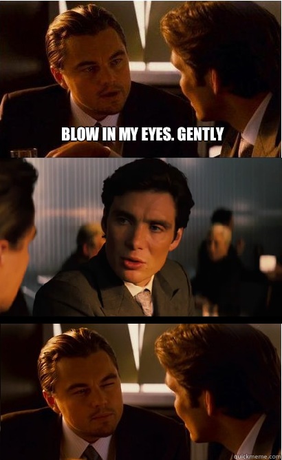 Blow in my eyes. Gently   Inception Meme