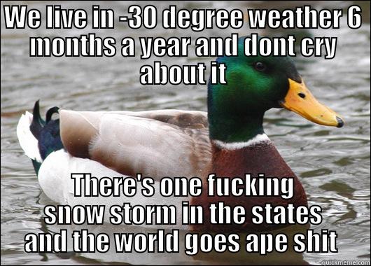 WE LIVE IN -30 DEGREE WEATHER 6 MONTHS A YEAR AND DONT CRY ABOUT IT THERE'S ONE FUCKING SNOW STORM IN THE STATES AND THE WORLD GOES APE SHIT  Actual Advice Mallard