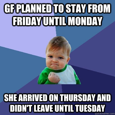 gf planned to stay from Friday until Monday She arrived on Thursday and didn't leave until Tuesday  Success Kid