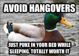 Avoid hangovers just puke in your bed while sleeping. totally worth it - Avoid hangovers just puke in your bed while sleeping. totally worth it  Good Advice Duck