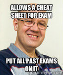 allows a cheat sheet for exam put all past exams on it  Zaney Zinke