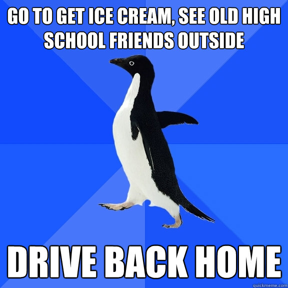 Go to get ice cream, see old high school friends outside Drive back home  Socially Awkward Penguin