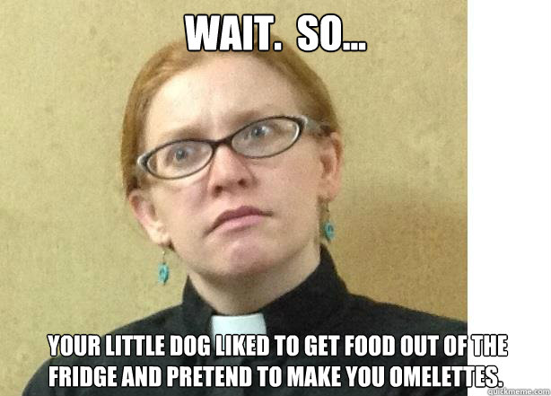 Wait.  So...    your little dog liked to get food out of the fridge and pretend to make you omelettes.  Perplexed preacher