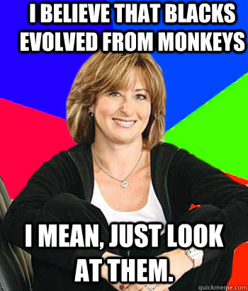 I believe that blacks evolved from monkeys I mean, just look at them.  Sheltering Suburban Mom