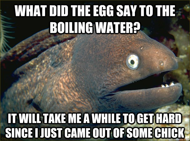 What did the egg say to the boiling water? It will take me a while to get hard since I just came out of some chick - What did the egg say to the boiling water? It will take me a while to get hard since I just came out of some chick  Bad Joke Eel