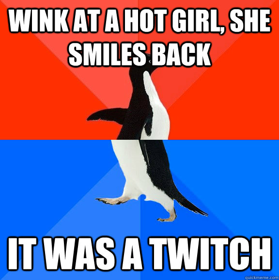 Wink at a hot girl, she smiles back It was a twitch  Socially Awesome Awkward Penguin