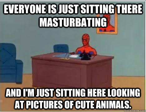 Everyone is just sitting there masturbating and i'm just sitting here looking at pictures of cute animals.  Spiderman Masturbating Desk
