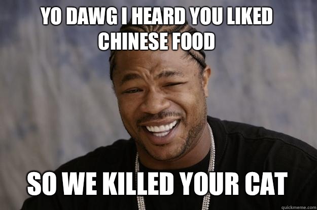 Yo dawg I heard you liked Chinese food So we killed your cat - Yo dawg I heard you liked Chinese food So we killed your cat  Xzibit meme