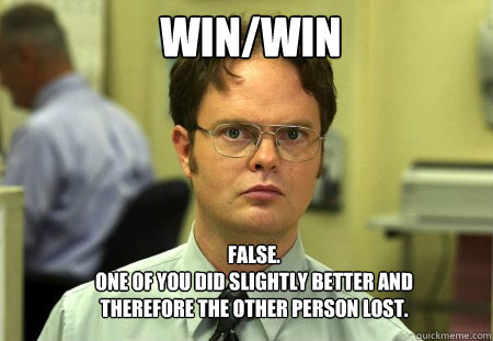 Win/Win FALSE.  
one of you did slightly better and therefore the other person lost.  Schrute