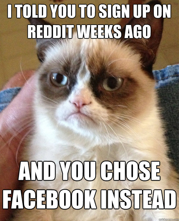 I told you to sign up on reddit weeks ago and you chose facebook instead  Grumpy Cat