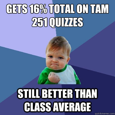 Gets 16% total on TAM 251 quizzes Still better than class average  Success Kid