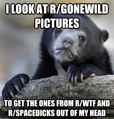 I look at r/gonewild pictures to get the ones from r/wtf and r/spacedicks out of my head  Confession Bear