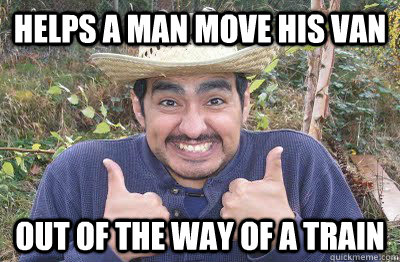 Helps a man move his van out of the way of a train  