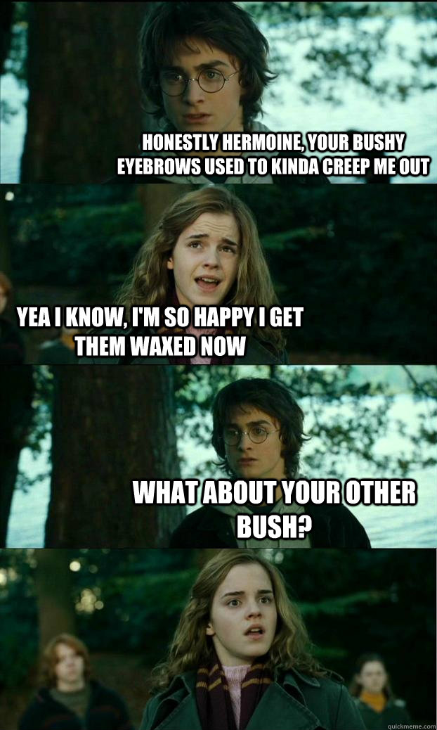 Honestly hermoine, your bushy eyebrows used to kinda creep me out yea i know, i'm so happy i get them waxed now what about your other bush?  Horny Harry