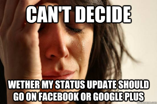 can't decide wether my status update should go on facebook or google plus  First World Problems