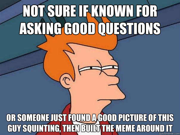 not sure if known for asking good questions Or someone just found a good picture of this guy squinting, then built the meme around it  Futurama Fry