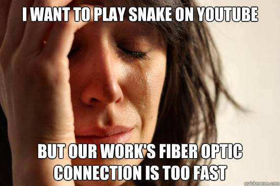 I WANT TO PLAY SNAKE ON YOUTUBE BUT OUR WORK'S FIBER OPTIC CONNECTION IS TOO FAST  First World Problems