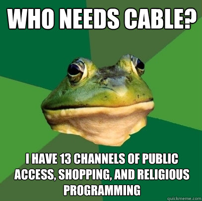 who needs cable? i have 13 channels of public access, shopping, and religious programming  Foul Bachelor Frog