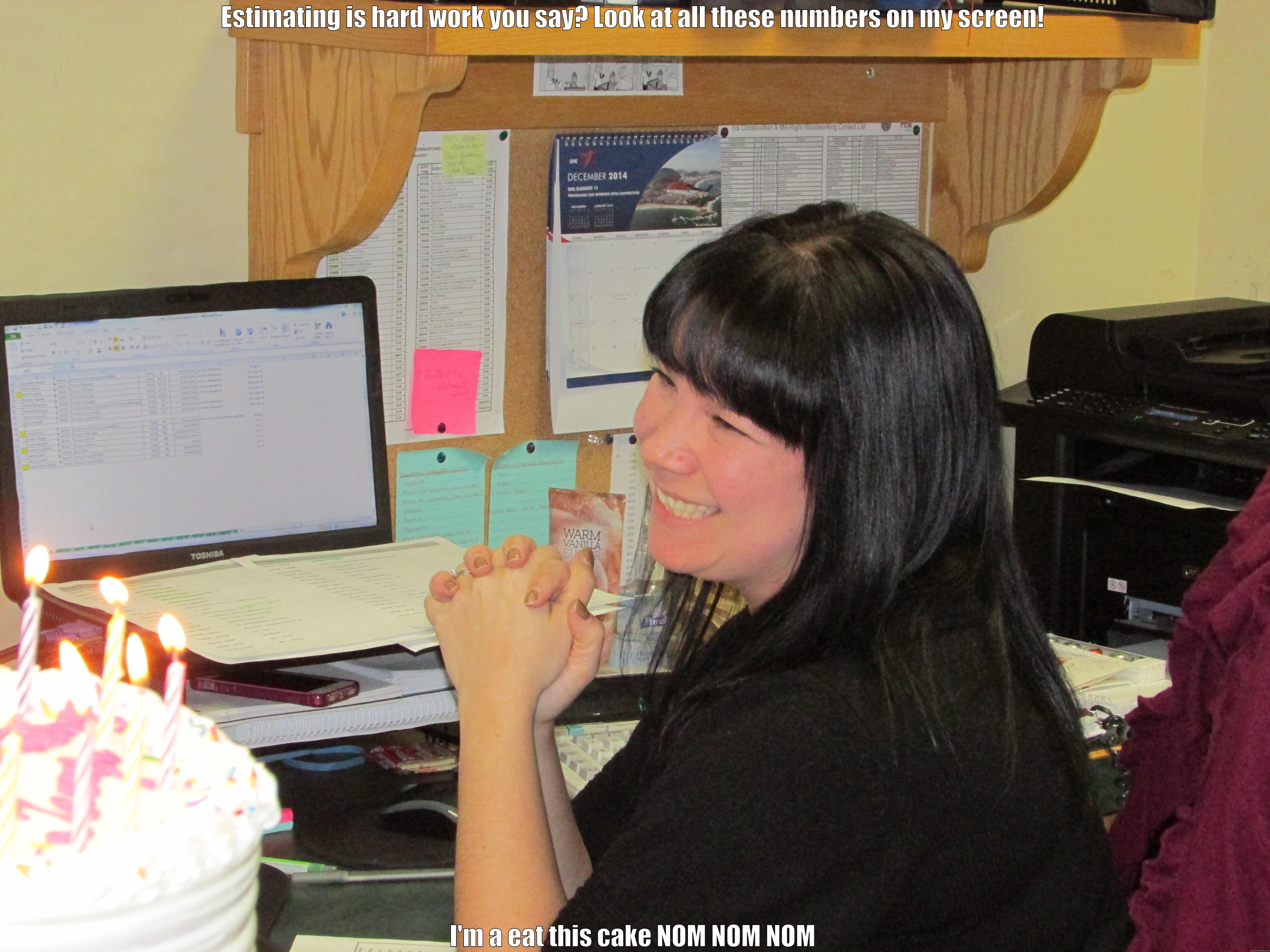 ESTIMATING IS HARD WORK YOU SAY? LOOK AT ALL THESE NUMBERS ON MY SCREEN! I'M A EAT THIS CAKE NOM NOM NOM Misc