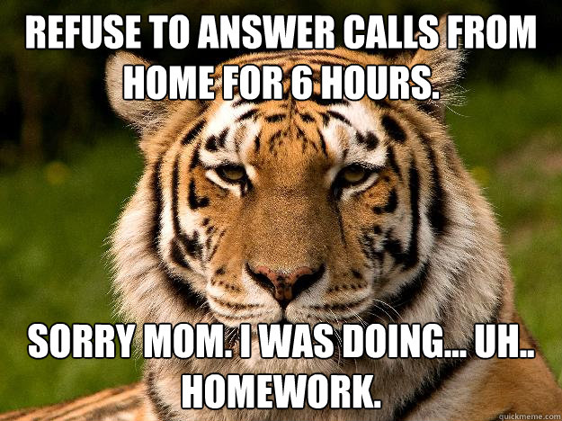 Refuse to answer calls from home for 6 hours.  Sorry mom. I was doing... uh.. homework. - Refuse to answer calls from home for 6 hours.  Sorry mom. I was doing... uh.. homework.  Typical College Student Tiger